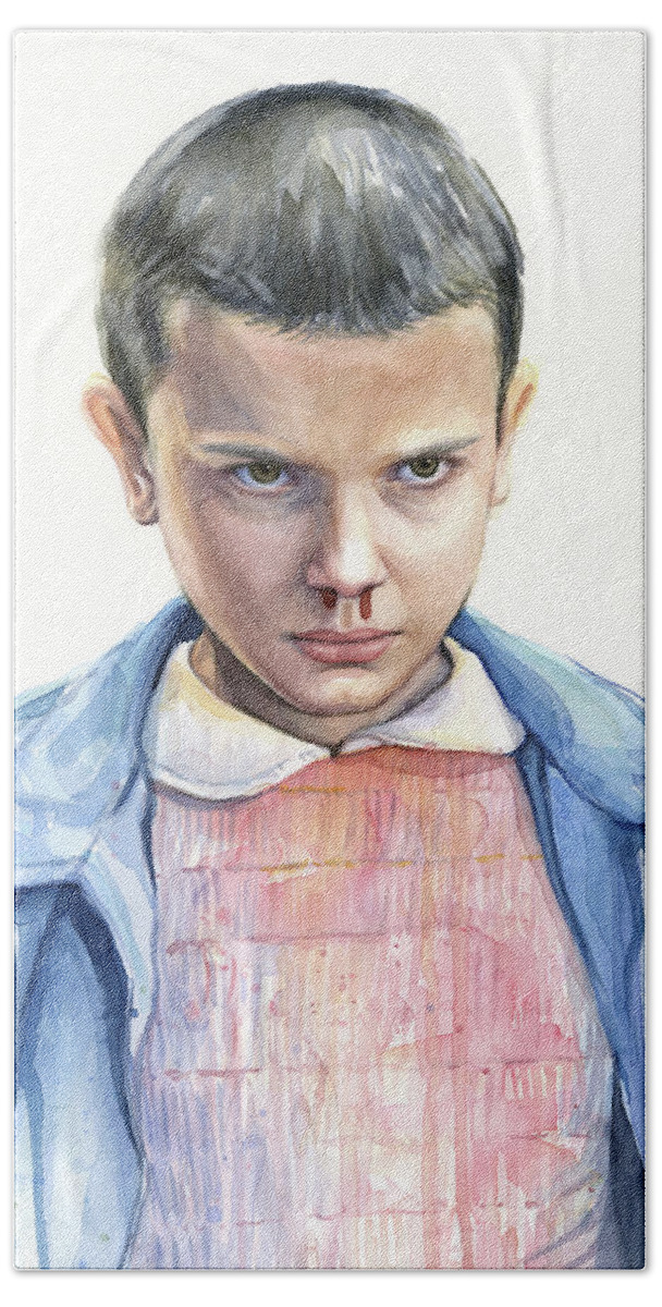 Strager Things Hand Towel featuring the painting Stranger Things Eleven Portrait by Olga Shvartsur
