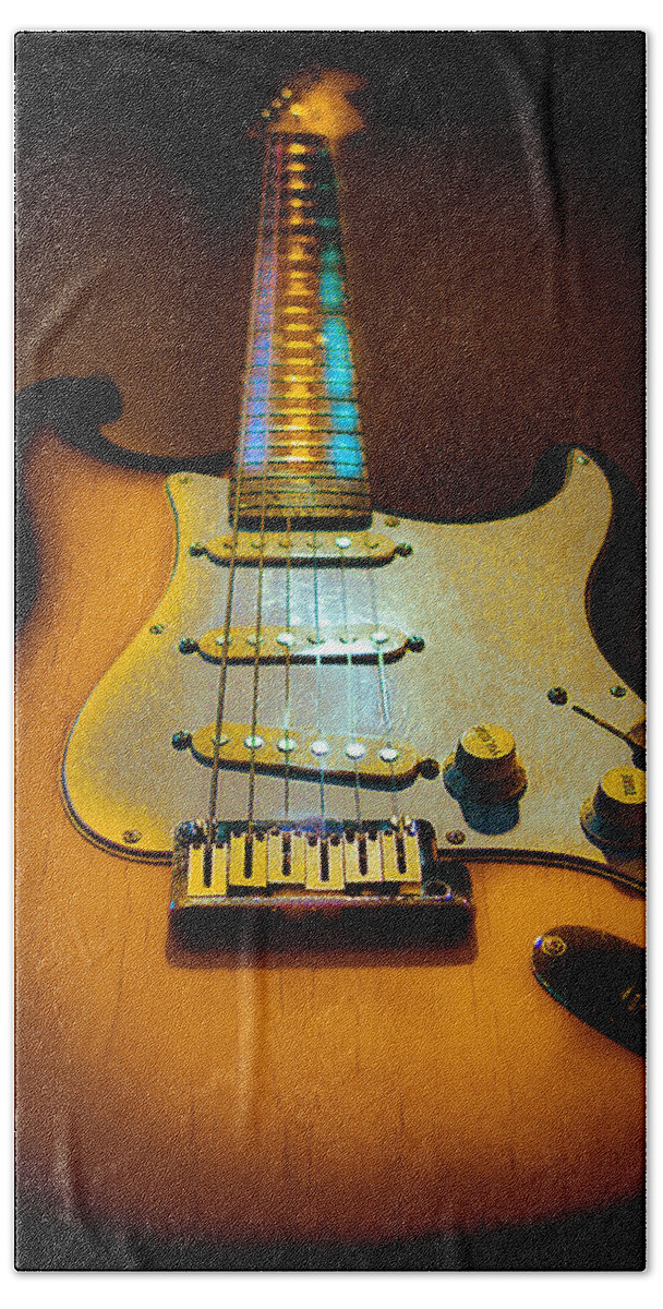 Guitar Bath Towel featuring the digital art Stratocaster Tobacco Burst Glow Neck Series by Guitarwacky Fine Art