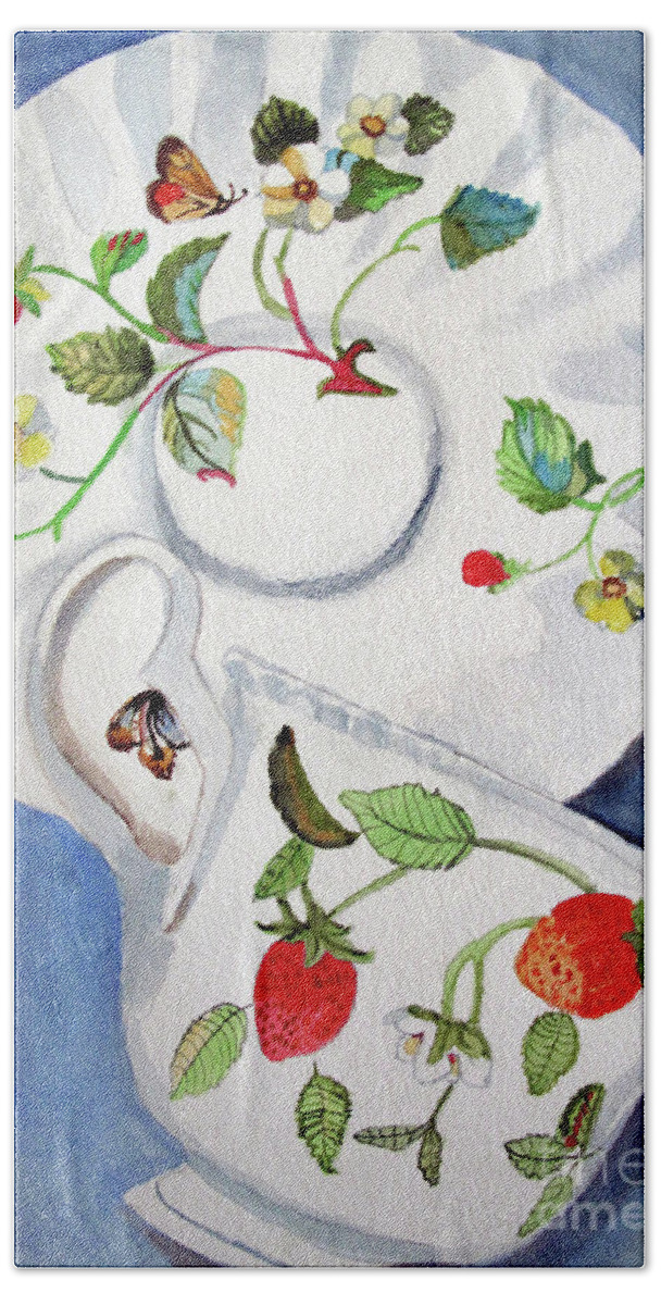 Strawberry Hand Towel featuring the painting Strawberry Cup and Saucer by Sandy McIntire