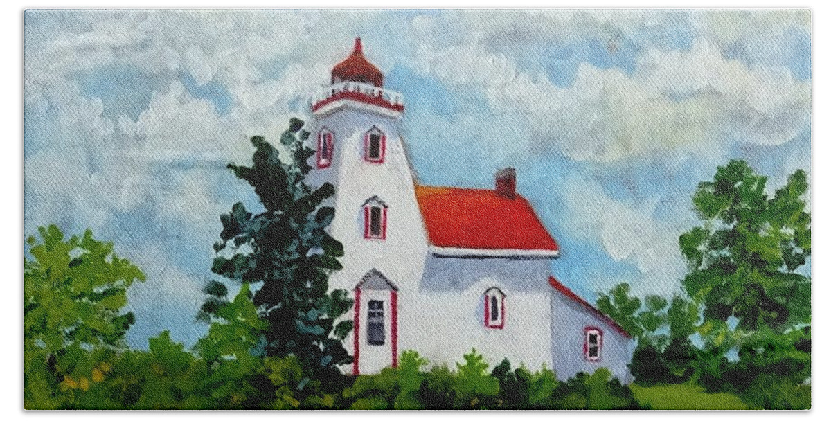 Acrylic Painting Hand Towel featuring the painting Strawberry Island Lighthouse, Manitoulin Island by Diane Arlitt