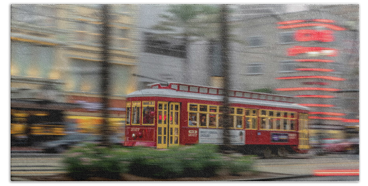 New Orleans Bath Towel featuring the photograph Street Car Flying Down Canal by Susan Rissi Tregoning