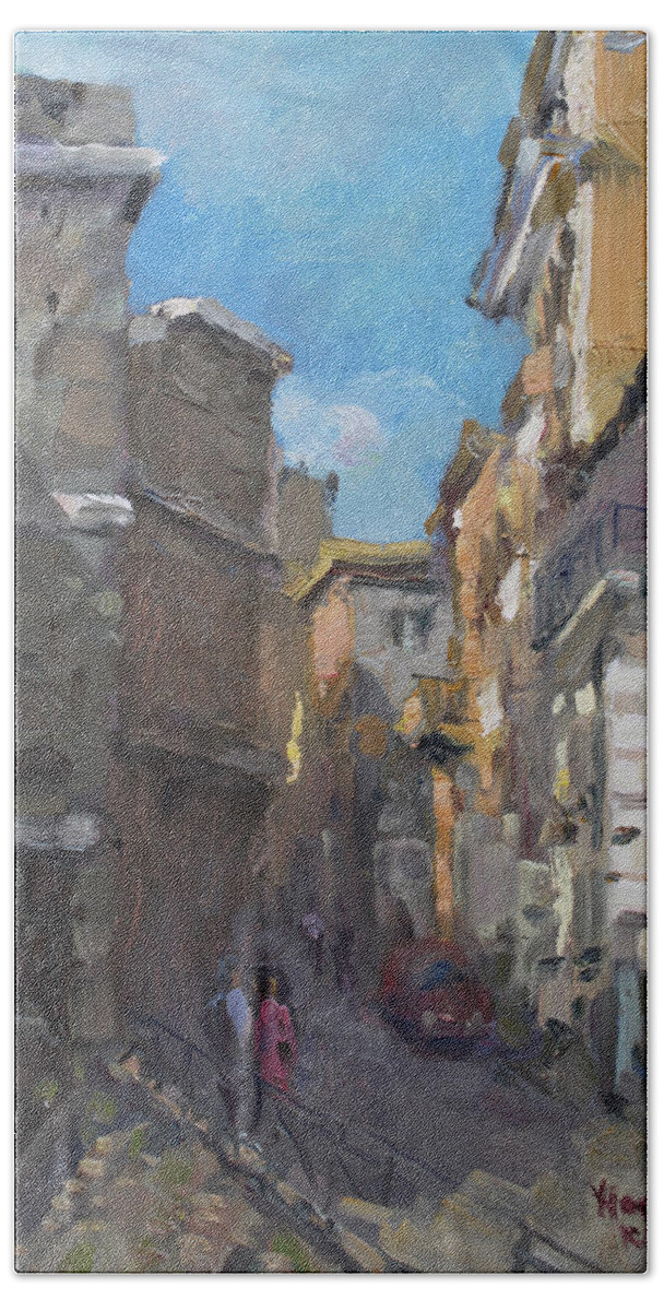Street Hand Towel featuring the painting Street in Rome by Ylli Haruni