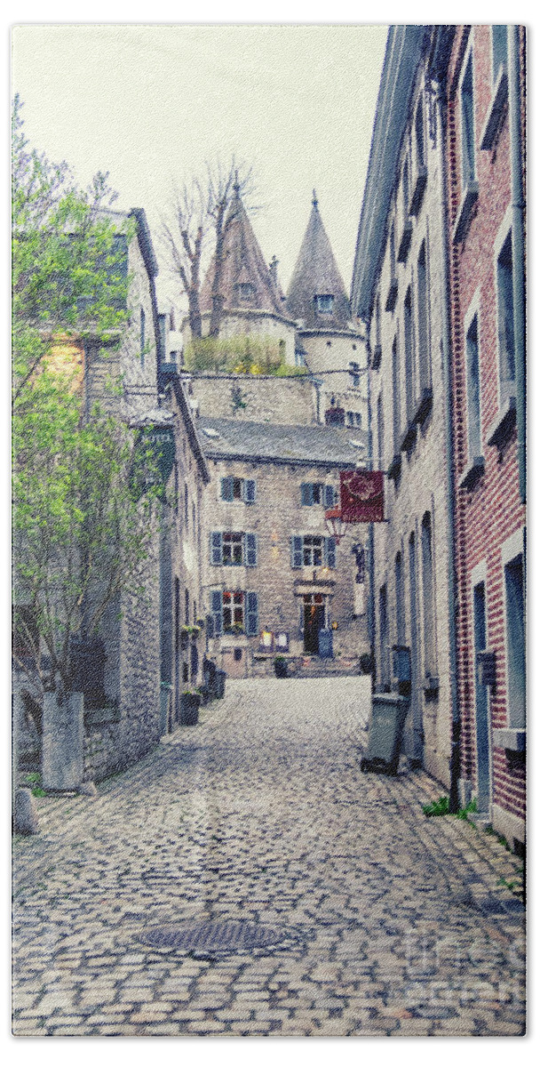 Sky Bath Towel featuring the photograph street in town Durbuy by Ariadna De Raadt