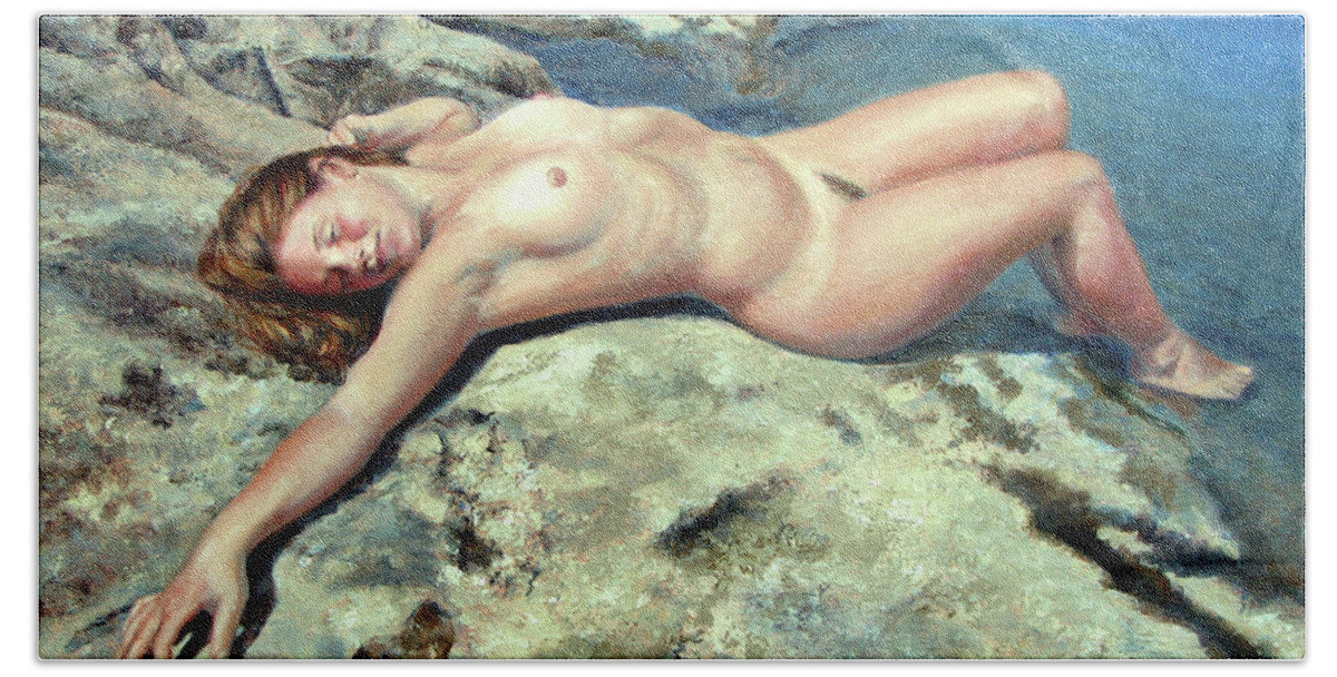 Nude Woman Bath Towel featuring the painting Stretch on Rock Ledge by Marie Witte