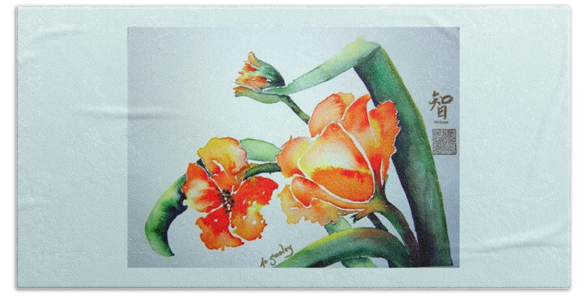 Tulips Or Poppies Hand Towel featuring the painting Stretching in the Spring Sun by Jo Smoley