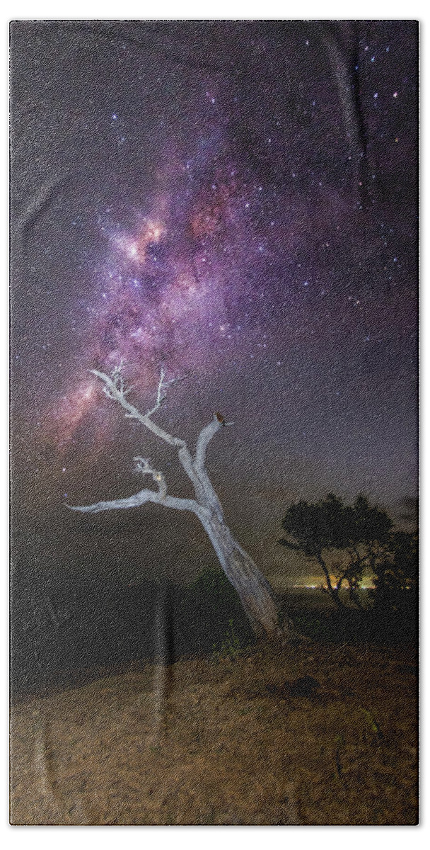 Travel Bath Towel featuring the photograph Striking Milkyway Over A Lone Tree by Pradeep Raja Prints