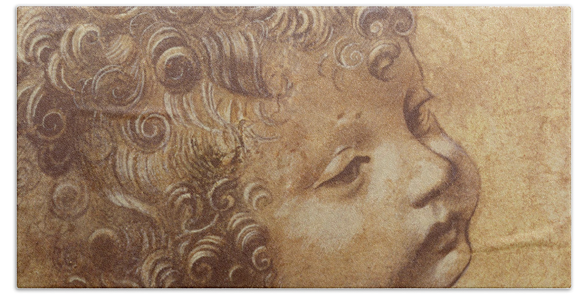 Head Hand Towel featuring the drawing Study of a child's head by Leonardo Da Vinci