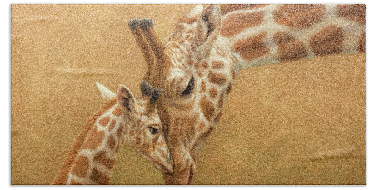 Giraffe Bath Towel featuring the drawing Study of a Parental Bond by James W Johnson