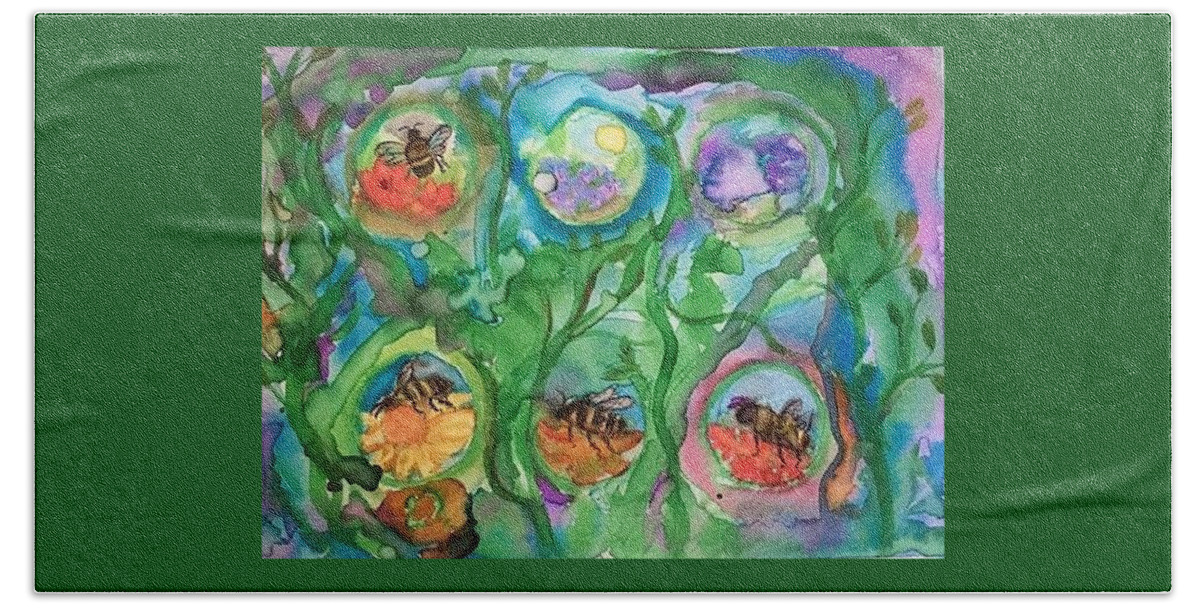 Bees Bath Towel featuring the painting Study of bees and flowers by Dottie Visker