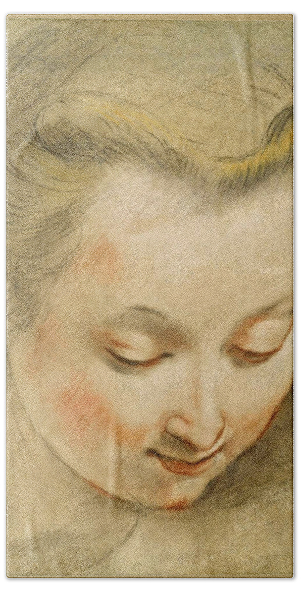 Federico Barocci Bath Towel featuring the drawing Study of the Head of a Young Woman looking down to the Right by Federico Barocci