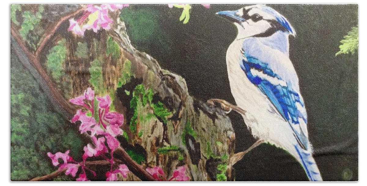 Blue Jay Bath Towel featuring the painting Stump sitter by Sonja Jones
