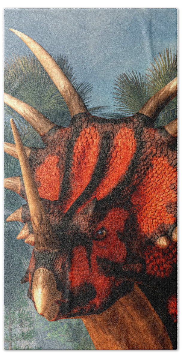 Styracosaurus Bath Towel featuring the digital art Styracosaurus Head by Daniel Eskridge