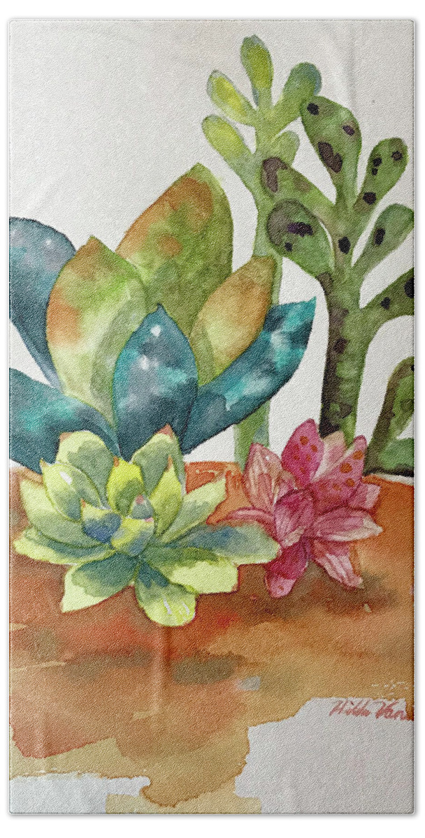Succulents Hand Towel featuring the painting Succulents by Hilda Vandergriff