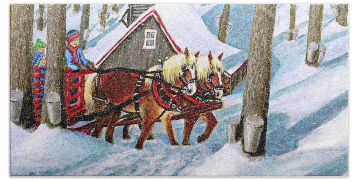 Snow Scene Hand Towel featuring the painting Sugar Bush Sleigh Ride Randonne en traneau sucre by Pat Davidson