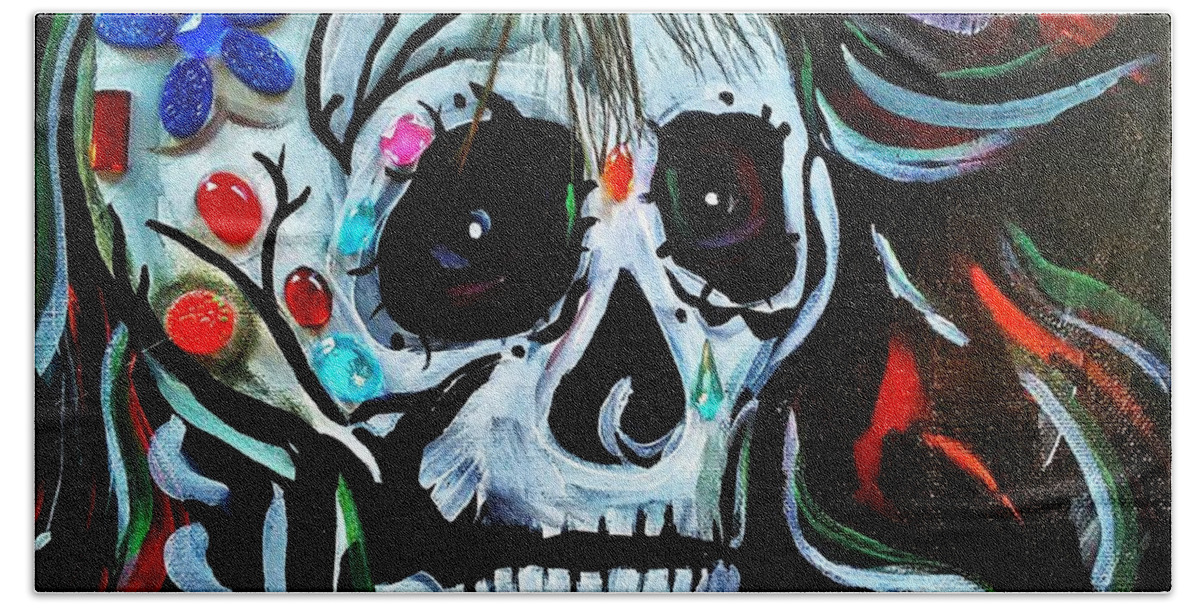 Sugar Skull Death Hand Towel featuring the mixed media Sugar Skull 3 by Tracy Mcdurmon