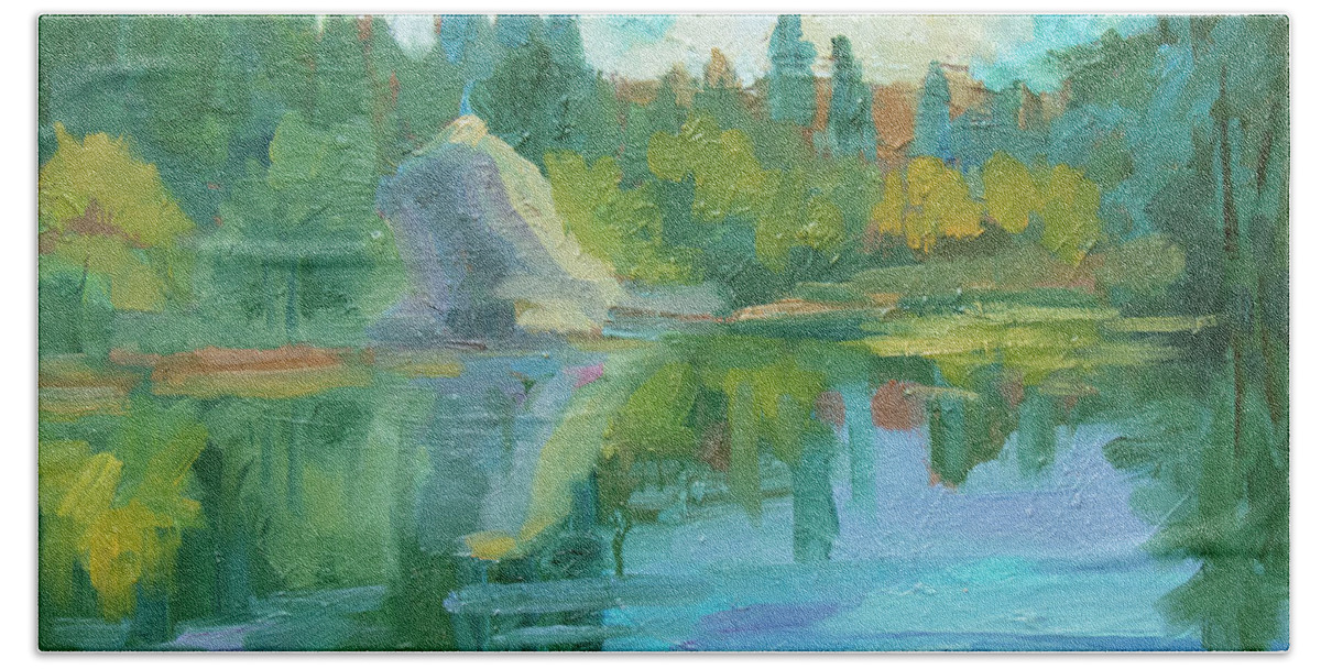Idyllwild Bath Towel featuring the painting Summer at Lake Fulmor by Diane McClary