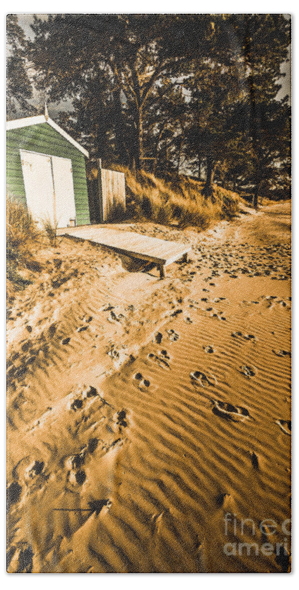 Calm Bath Towel featuring the photograph Summer beach shacks by Jorgo Photography