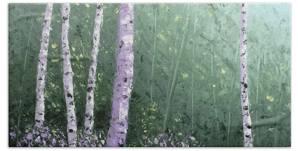 Birchtrees Bath Towel featuring the painting Summer Birch Trees by Brenda Bonfield