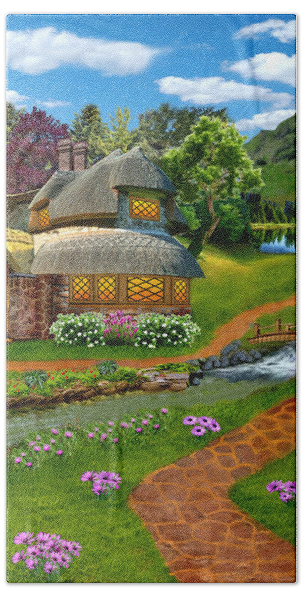 Cottage Hand Towel featuring the digital art Summer Country Cottage by Glenn Holbrook