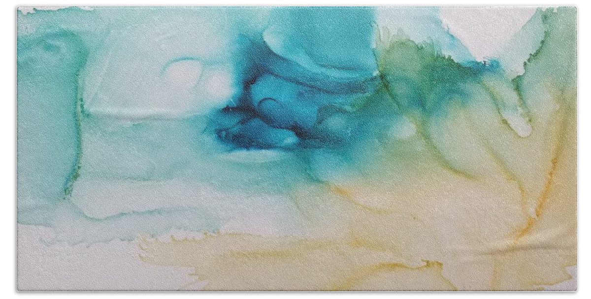 Landscape Turquoise Aqua Cream Green Blue White Decor Summer Sunshine Ocean Beach Abstract Alcohol Ink Yupo Hand Towel featuring the painting Summer Day by Kelly Dallas