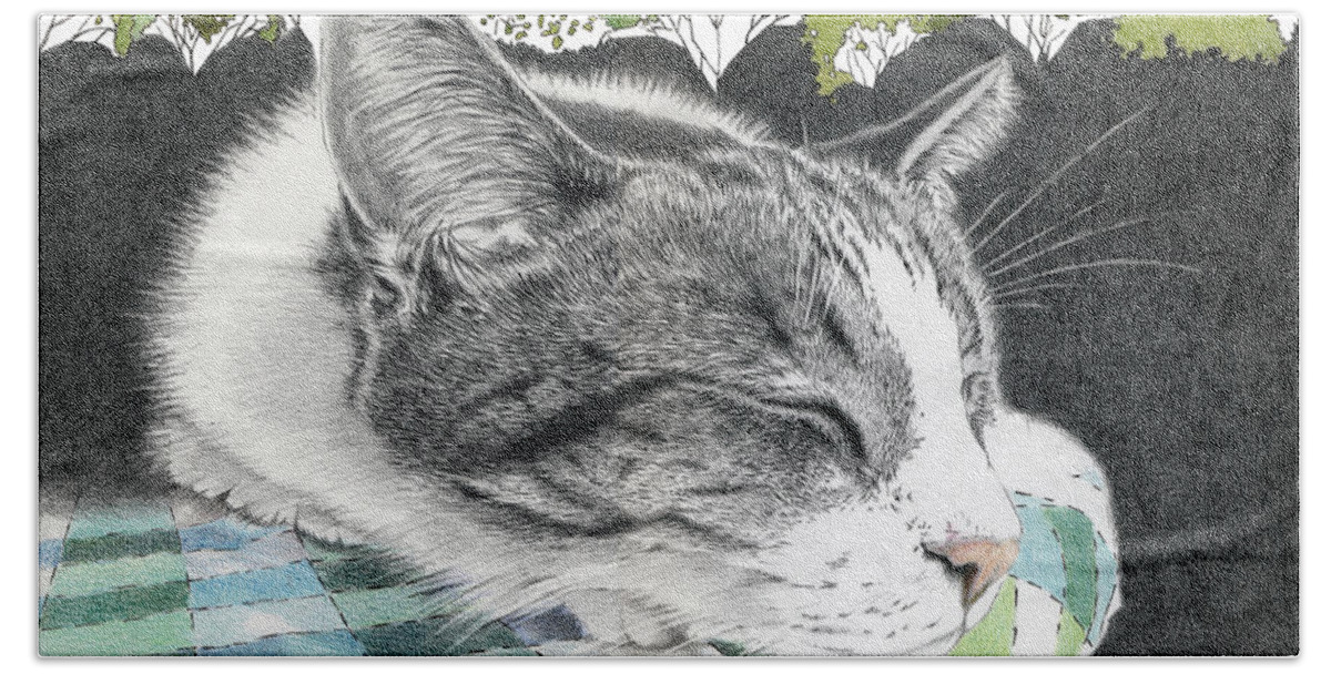 Cat Bath Towel featuring the drawing Summer Dreams by Louise Howarth