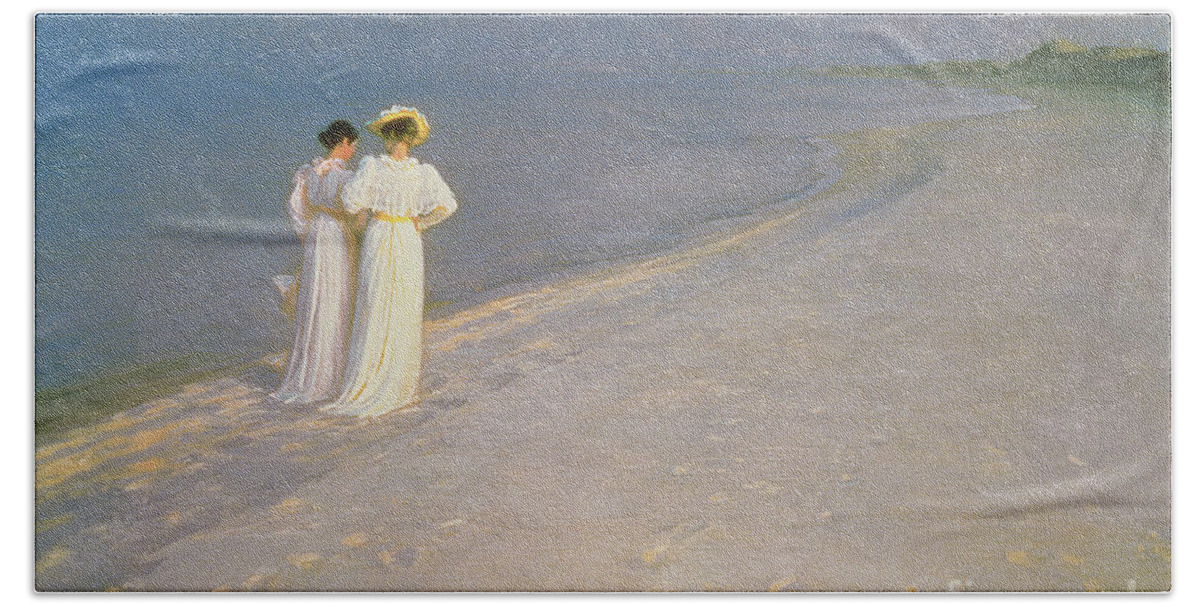 Kroyer Bath Towel featuring the painting Summer Evening on the Skagen Southern Beach with Anna Ancher and Marie Kroyer by Peder Severin Kroyer