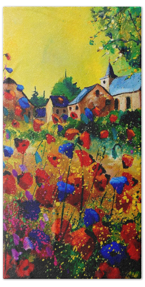 Poppy Hand Towel featuring the painting Summer in Sosoye by Pol Ledent