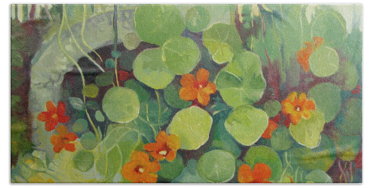 Nasturtiums Bath Towel featuring the painting Summer in the garden by Elena Oleniuc