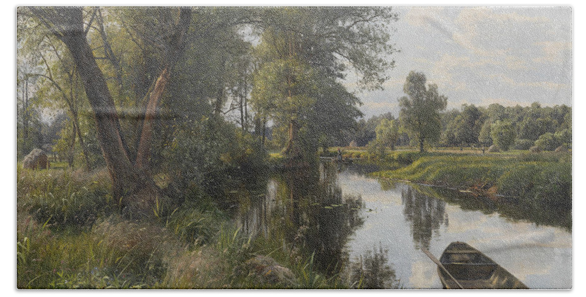 19th Century Art Bath Towel featuring the painting Summer landscape with river floodplain by Peder Monsted