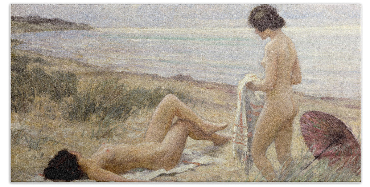 Summer On The Beach Hand Towel featuring the painting Summer on the Beach by Paul Fischer