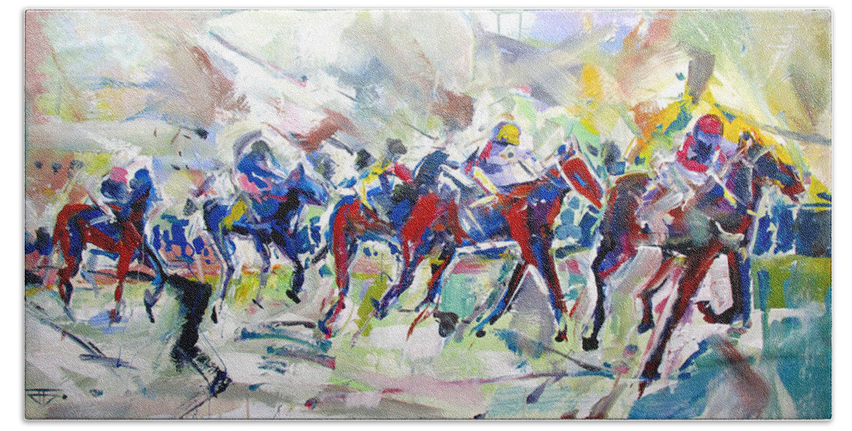 Horse Racing Bath Towel featuring the painting Summer Race by John Gholson