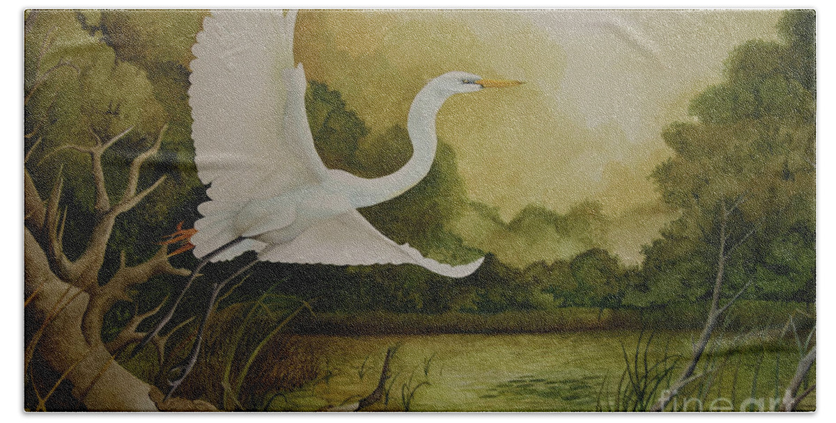 Great Egret Hand Towel featuring the painting Summer Solitude by Charles Owens