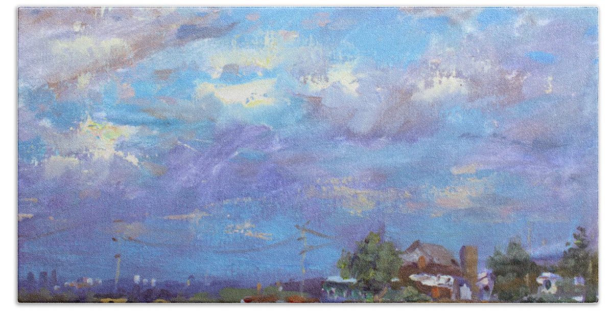Sun Hand Towel featuring the painting Sun and Clouds Georgetown by Ylli Haruni