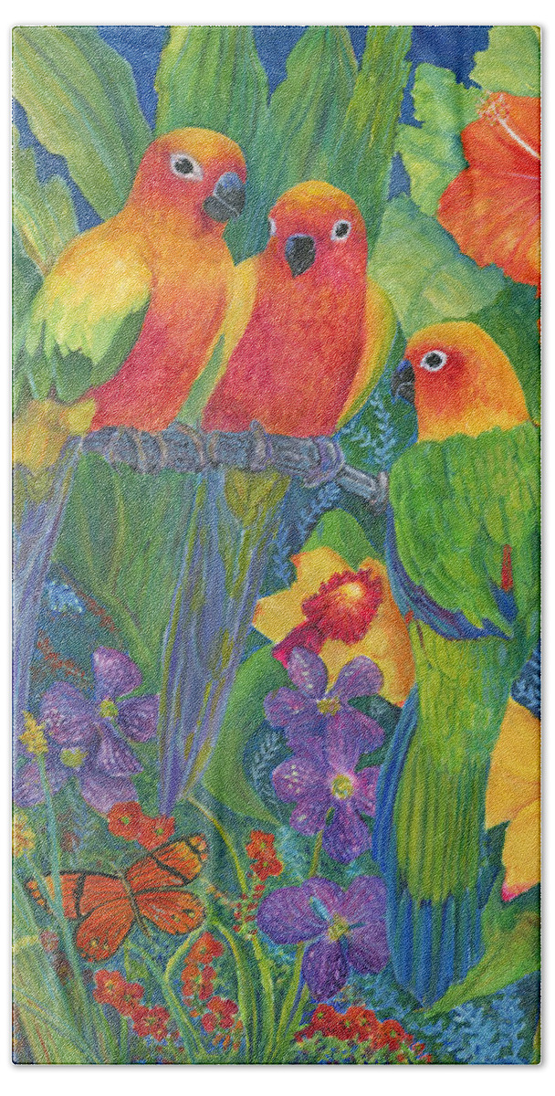 Birds Bath Towel featuring the painting Sun Conure Parrots by June Hunt
