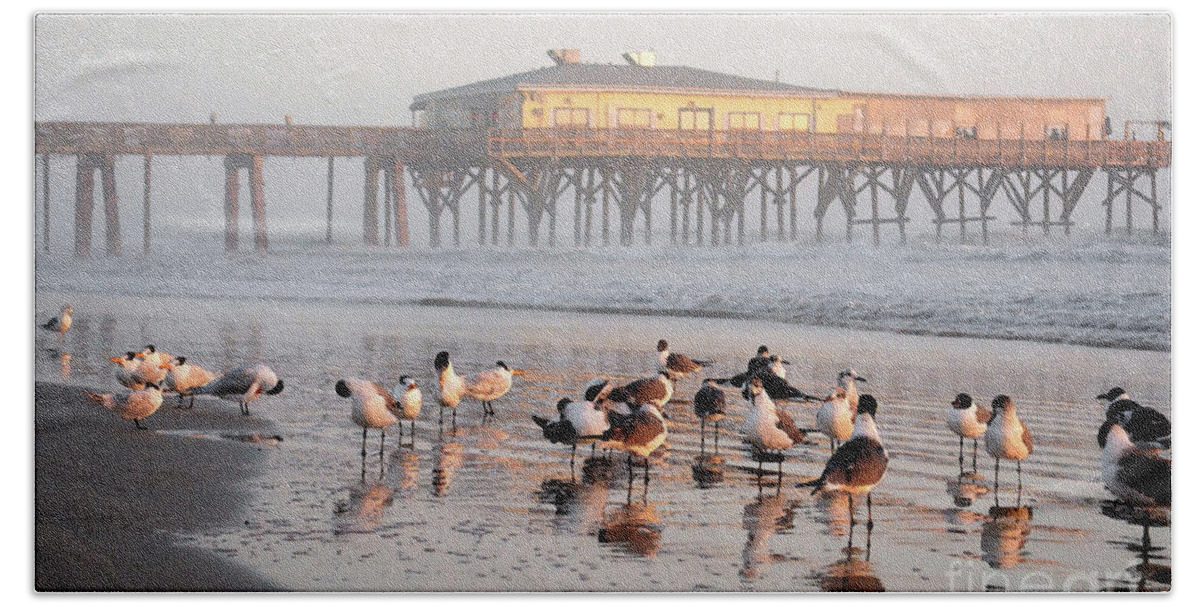 Seabird Paintings Bath Towel featuring the photograph Sun Glow Pier with the morning birds by Julianne Felton