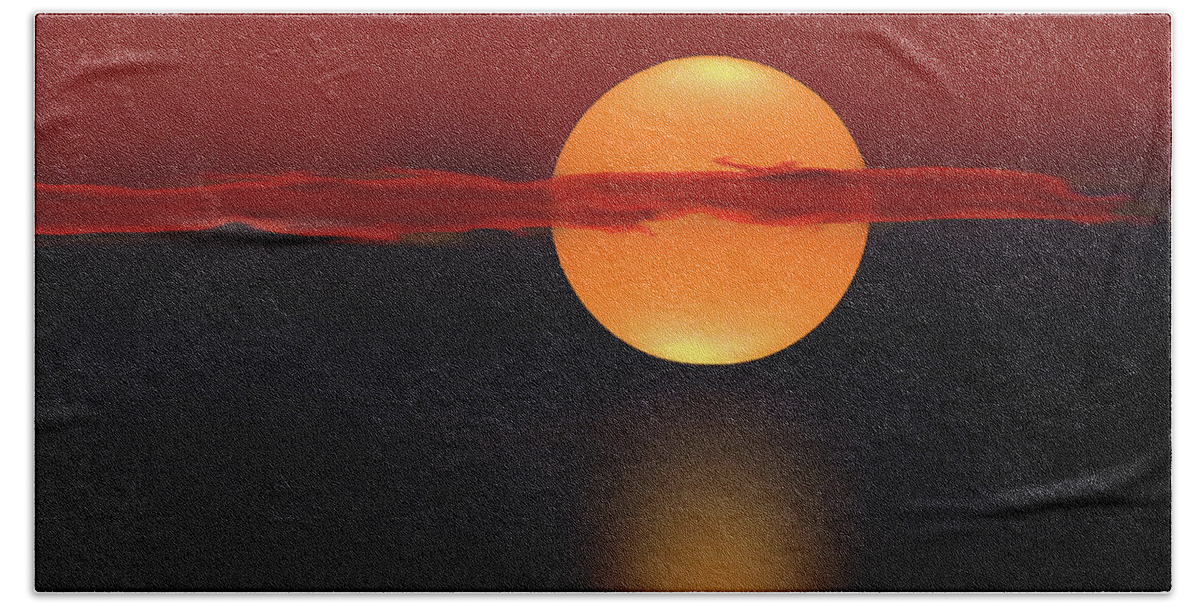 Abstract Bath Towel featuring the digital art Sun on Red and Blue by Deborah Smith