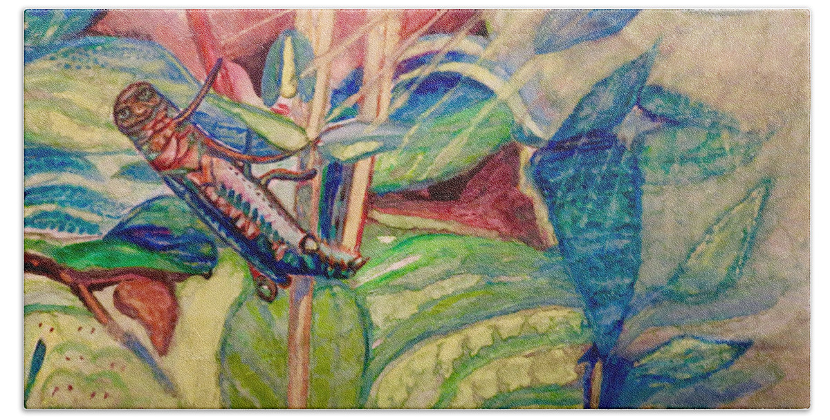 Ultramarine Blue Avocado Green Cool And Warm Greens And Blues Warm Red Gold And Tan Smiling Grasshopper Hanging Onto Stem Sun Spiral Symbol Spiritual Work Acrylic Works Nature Works Macro Insects Hand Towel featuring the painting Sun Salutations to a Grasshopper by Kimberlee Baxter