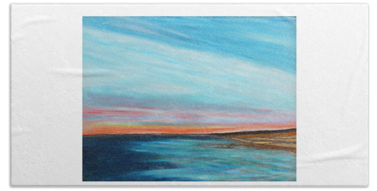 Sun Sundown Blue Ocean Tide Beach Sand Coast Coastal Dune Water Sky Silver Waves Cottage Walk Dusk Jetty Bath Towel featuring the pastel Sun Sliver by Daniel Dubinsky