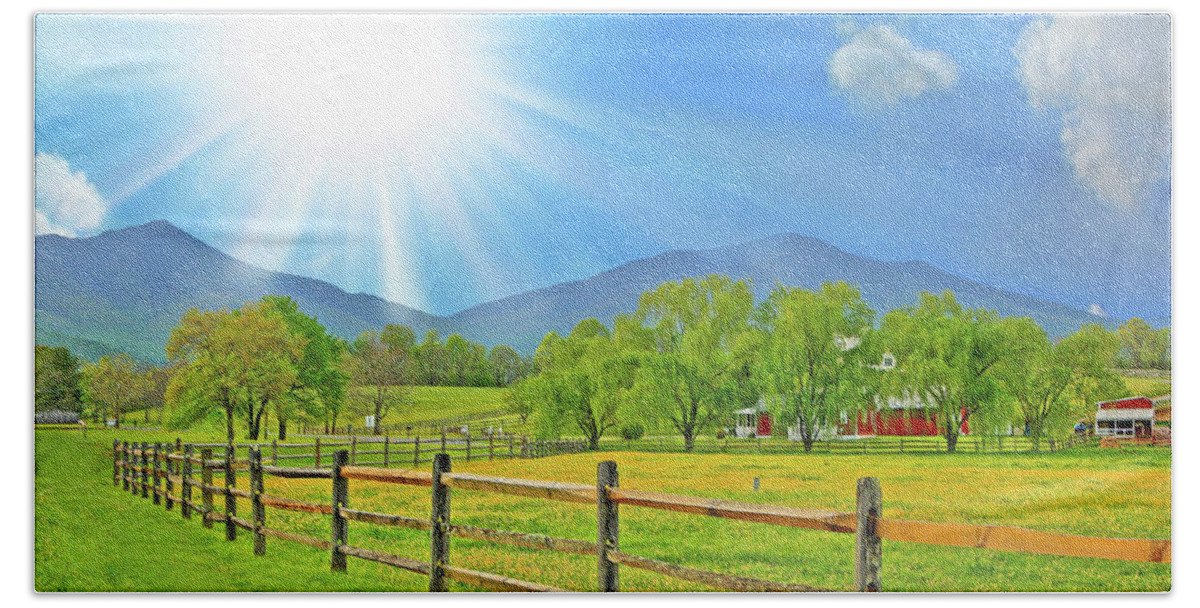 Peaks Of Otter Hand Towel featuring the photograph Sunburst Over Peaks of Otter, Virginia by The James Roney Collection