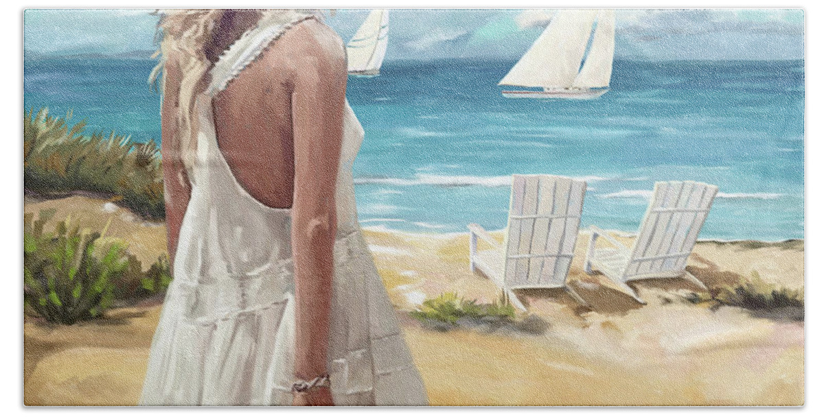 Sunday Afternoon At The Beach Hand Towel featuring the painting Sunday afternoon at the beach by Tim Gilliland