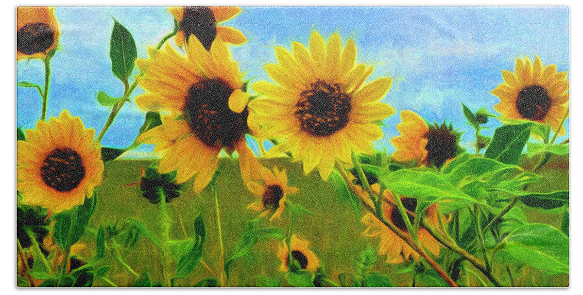 Best Bath Towel featuring the painting Sunflower Along the Road by Mitchell R Grosky