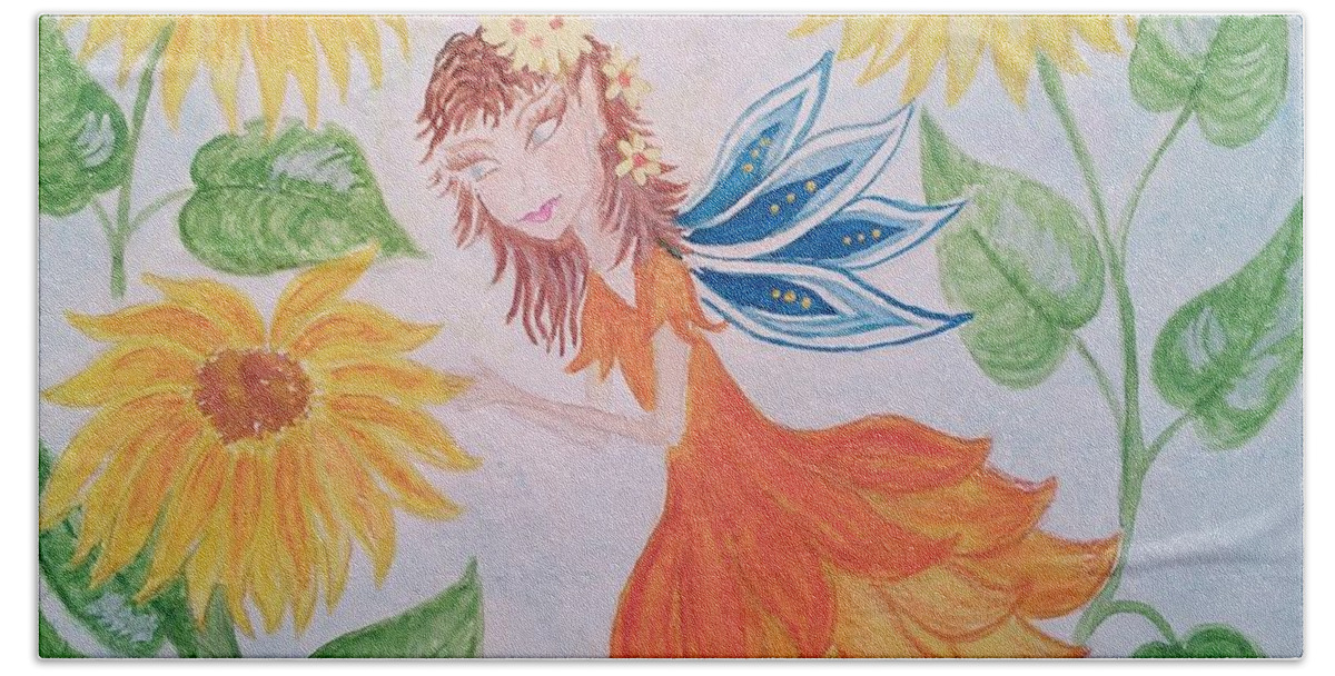 Whimsical Bath Towel featuring the painting Sunflower Fairy by Susan Nielsen