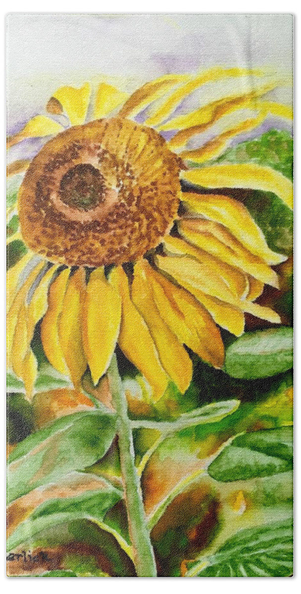 Sunflower. Yellow Hand Towel featuring the painting Sunflower by Judy Swerlick