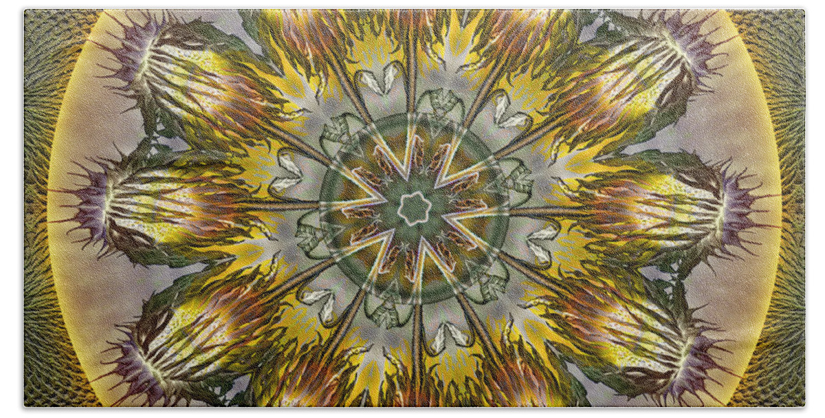 Symbolism Mandalas Bath Towel featuring the digital art Sunflower Lollipops by Becky Titus