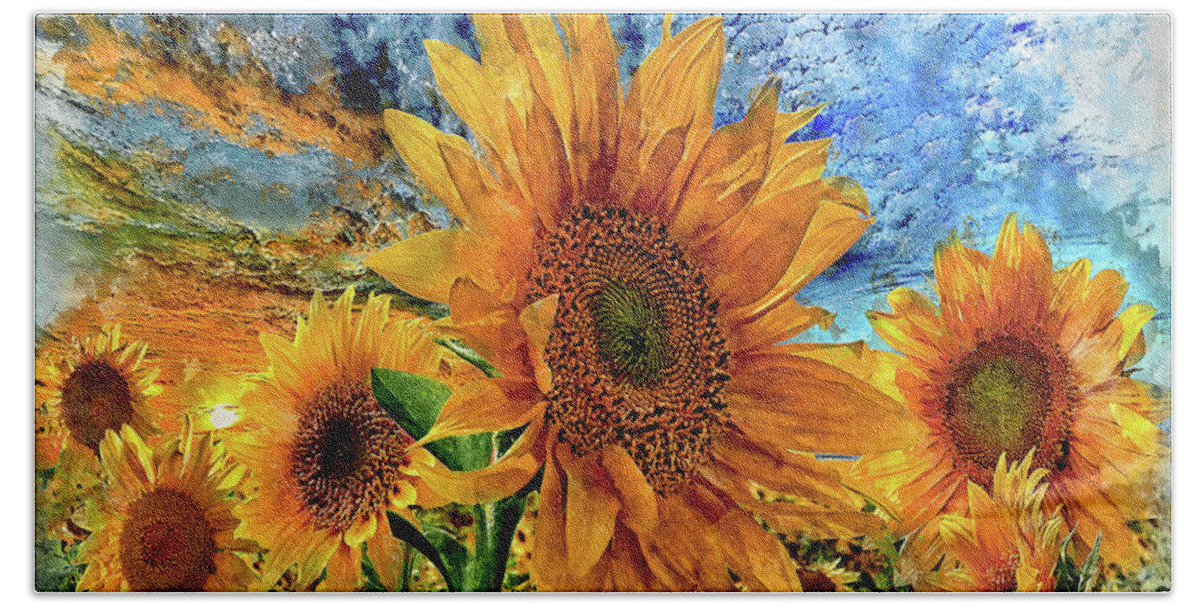 Sunflower Hand Towel featuring the mixed media Sunflower Party by Dave Lee
