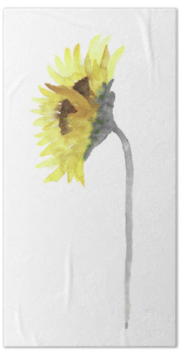  Painting Hand Towel featuring the painting Sunflower Watercolour Painting Yellow Grey Wall Art Print by Joanna Szmerdt