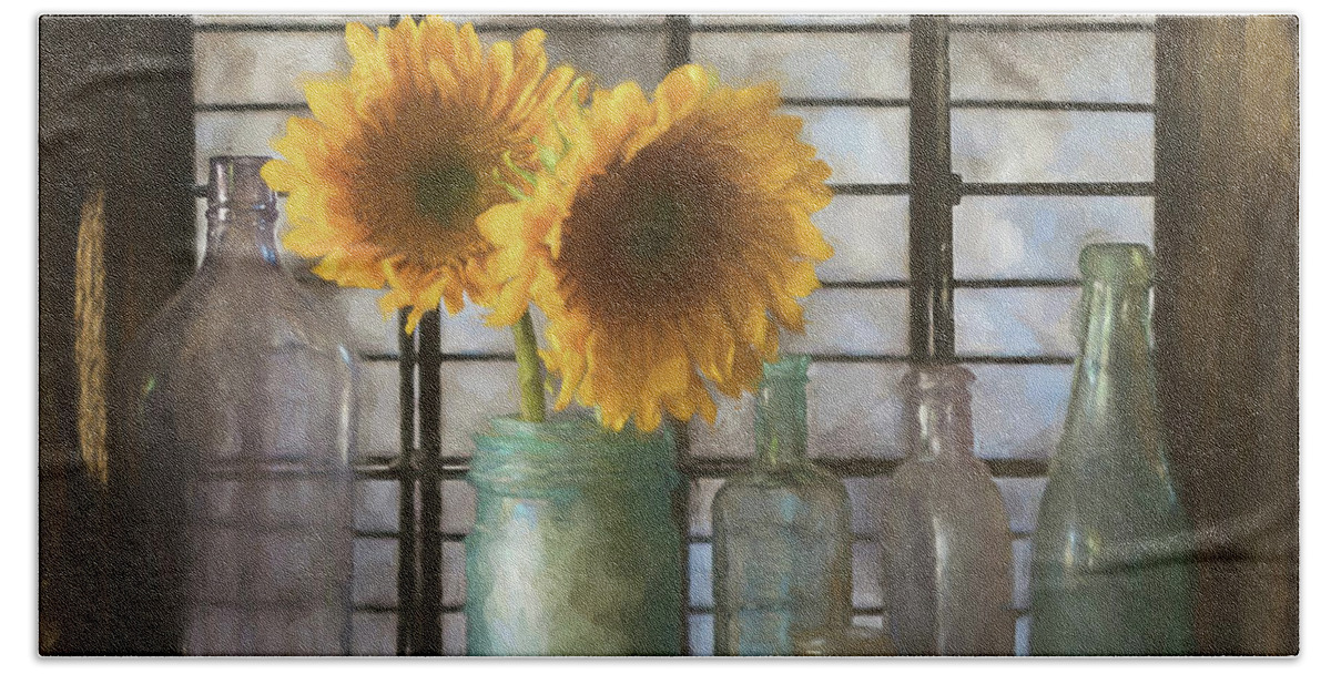 Sunflowers Hand Towel featuring the mixed media Sunflowers and Bottles by Teresa Wilson