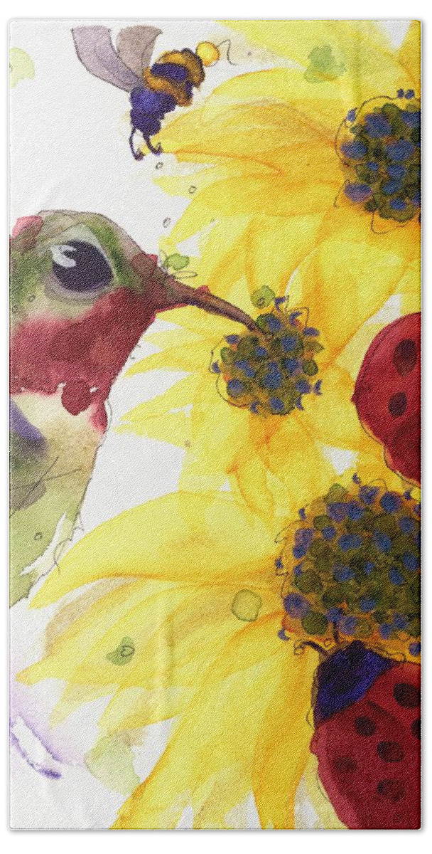 Hummingbird Bath Towel featuring the painting Sunflowers and Ladybugs by Dawn Derman