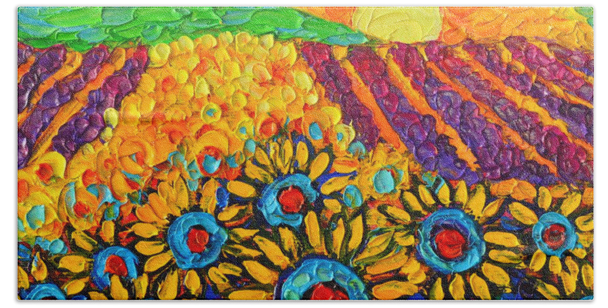 Sunflower Bath Towel featuring the painting Sunflowers And Lavender At Sunrise Palette Knife Oil Painting By Ana Maria Edulescu by Ana Maria Edulescu