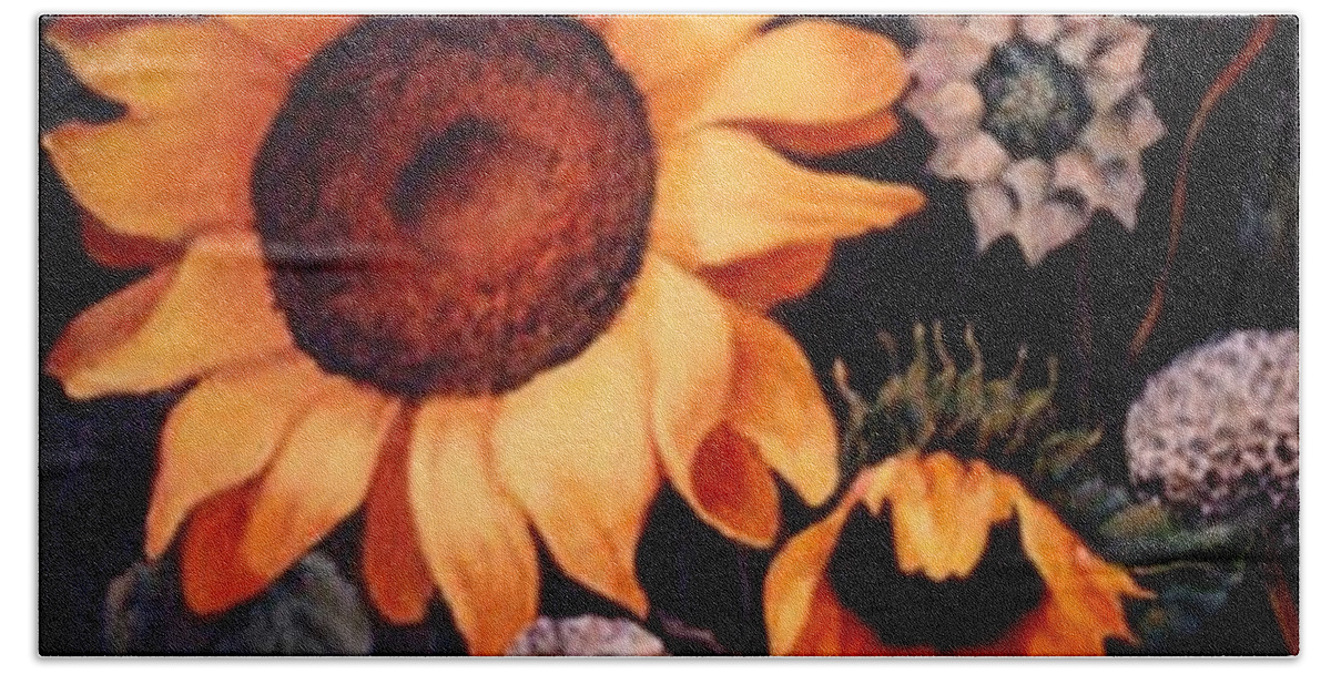 Sunflowers Paintings Bath Towel featuring the painting Sunflowers and more sunflowers by Jordana Sands